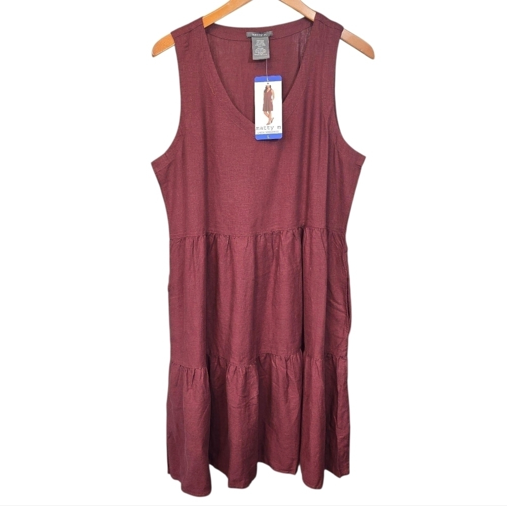 Matty M Linen Blend V-neck Sleeveless Tiered Dress NWT Size Large